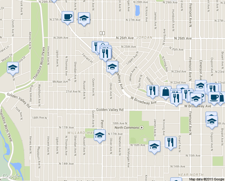 map of restaurants, bars, coffee shops, grocery stores, and more near 2020 21st Ave N in Minneapolis