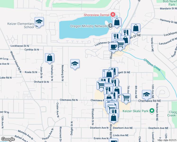 map of restaurants, bars, coffee shops, grocery stores, and more near 355 Sandy Drive North in Keizer