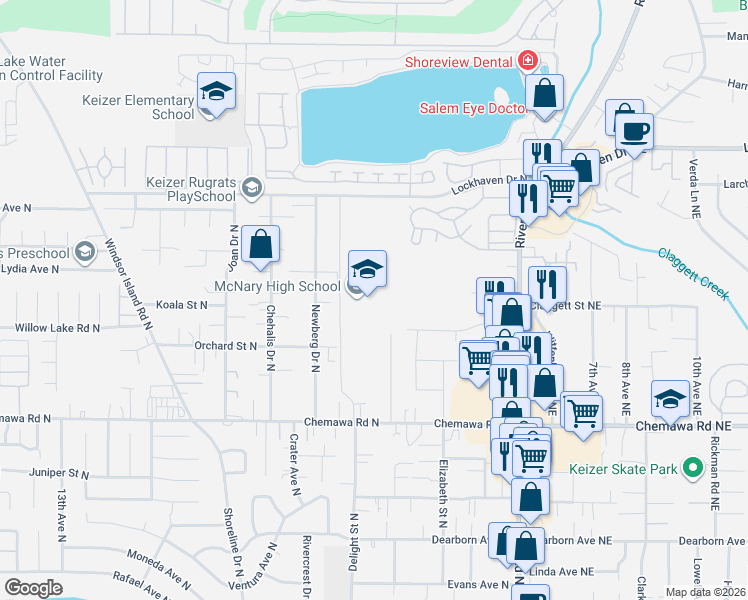 map of restaurants, bars, coffee shops, grocery stores, and more near 595 Chemawa Road North in Keizer