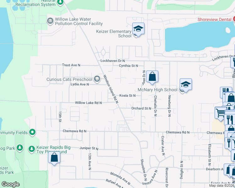 map of restaurants, bars, coffee shops, grocery stores, and more near 5208 Windsor Island Road North in Keizer