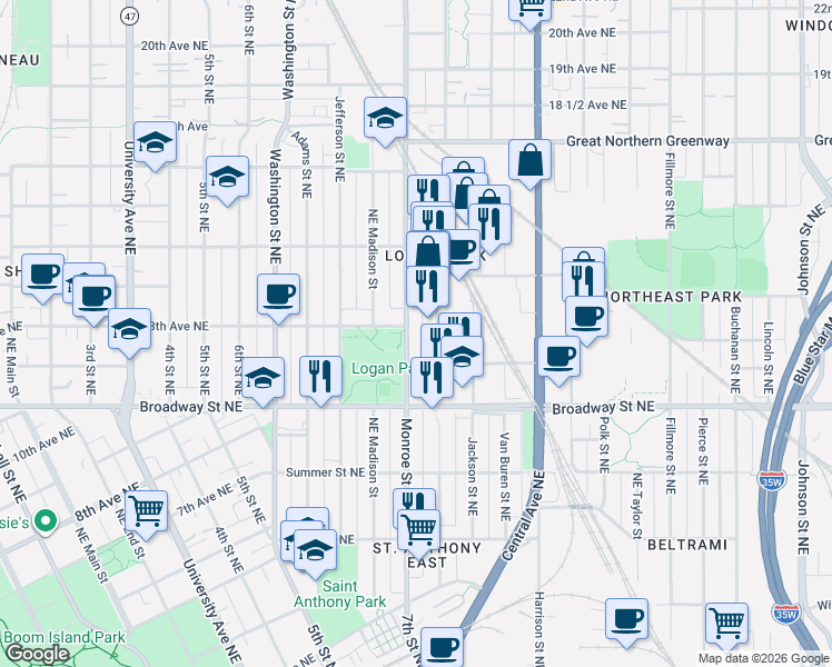map of restaurants, bars, coffee shops, grocery stores, and more near 1201 Monroe Street Northeast in Minneapolis