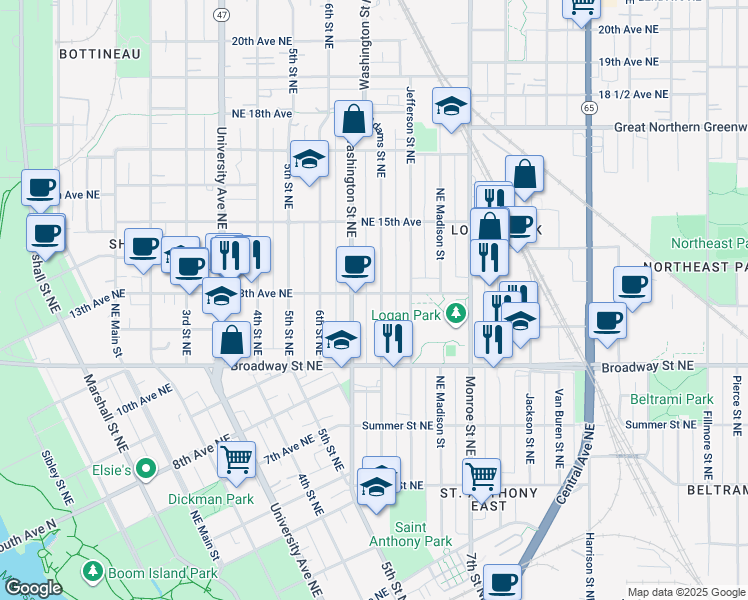 map of restaurants, bars, coffee shops, grocery stores, and more near 1202 Adams Street Northeast in Minneapolis