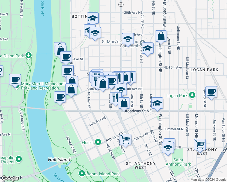 map of restaurants, bars, coffee shops, grocery stores, and more near 306 13th Avenue Northeast in Minneapolis