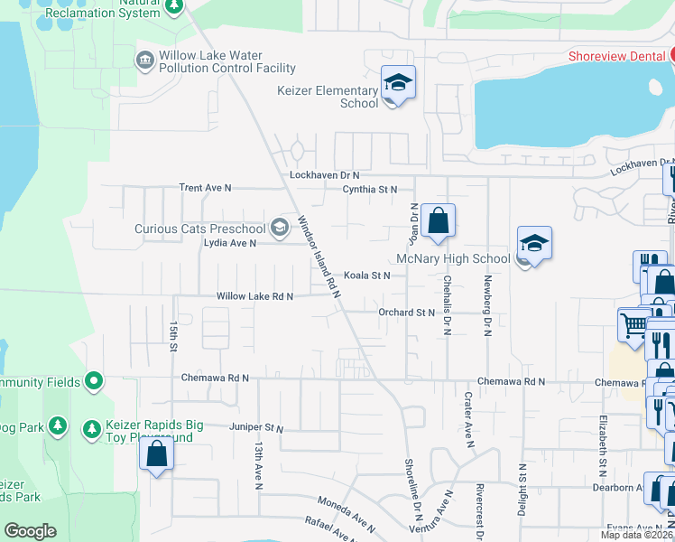 map of restaurants, bars, coffee shops, grocery stores, and more near 5208 Windsor Island Road North in Keizer