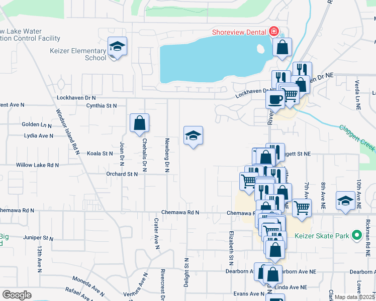 map of restaurants, bars, coffee shops, grocery stores, and more near 595 Chemawa Road North in Keizer