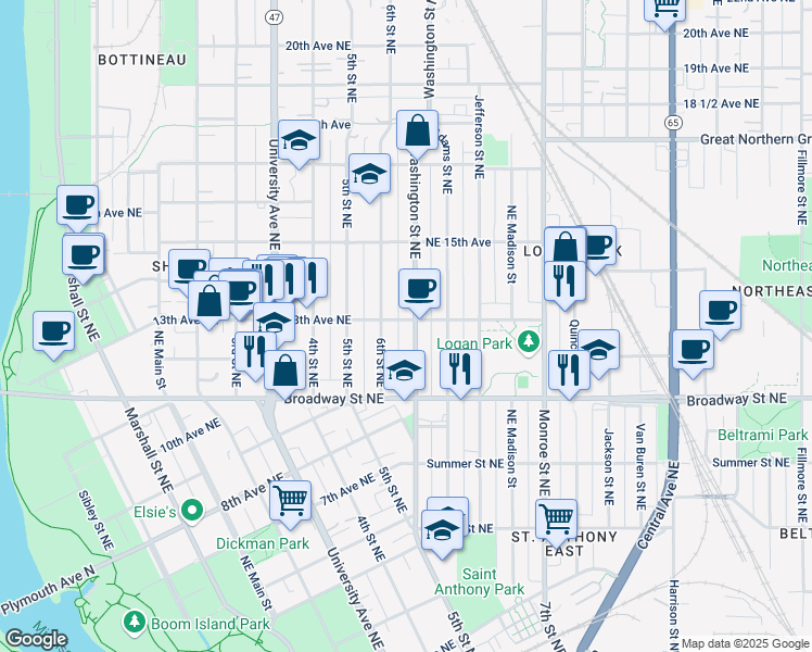 map of restaurants, bars, coffee shops, grocery stores, and more near 1206 Washington Street Northeast in Minneapolis