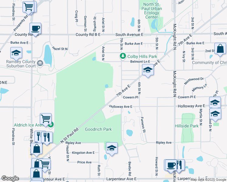 map of restaurants, bars, coffee shops, grocery stores, and more near 2065 7th Avenue in North Saint Paul