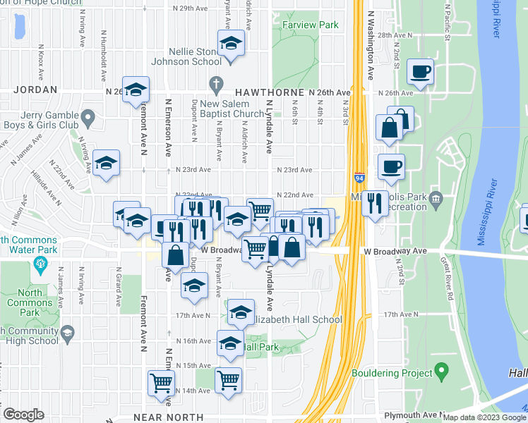 map of restaurants, bars, coffee shops, grocery stores, and more near 2115 Lyndale Avenue North in Minneapolis