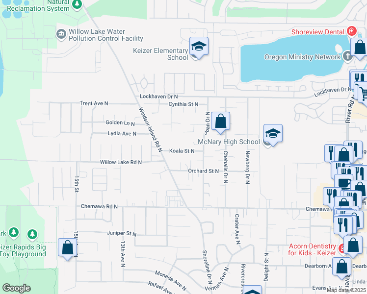 map of restaurants, bars, coffee shops, grocery stores, and more near 5332 Jeffrey Court North in Keizer
