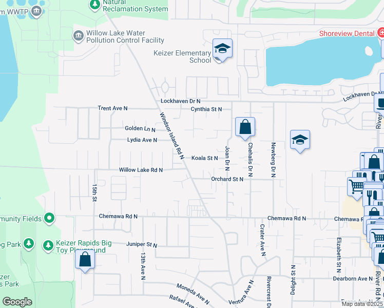 map of restaurants, bars, coffee shops, grocery stores, and more near 5335 Bundy Avenue North in Keizer