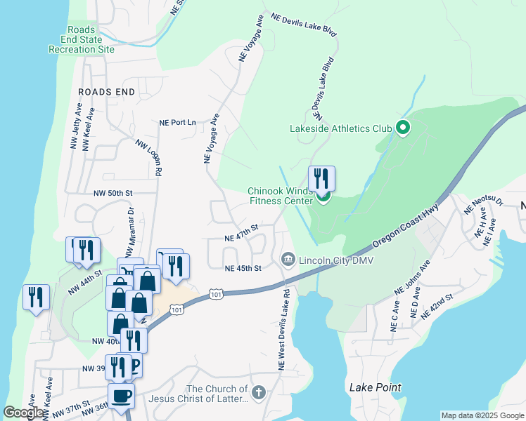 map of restaurants, bars, coffee shops, grocery stores, and more near 4422 Northeast Devils Lake Boulevard in Lincoln City