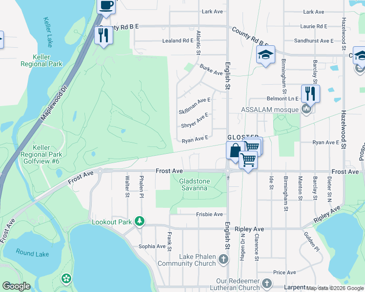 map of restaurants, bars, coffee shops, grocery stores, and more near 1211 Ryan Avenue East in Maplewood