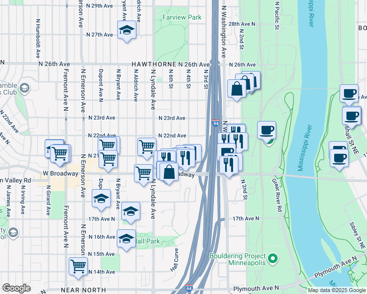 map of restaurants, bars, coffee shops, grocery stores, and more near 2201 North 4th Street in Minneapolis