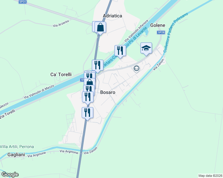 map of restaurants, bars, coffee shops, grocery stores, and more near 104 Via Padre Giuseppe Santi in Bosaro