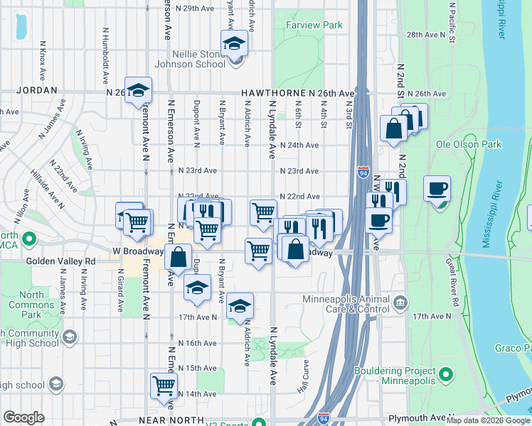 map of restaurants, bars, coffee shops, grocery stores, and more near 2115 Lyndale Ave N in Minneapolis