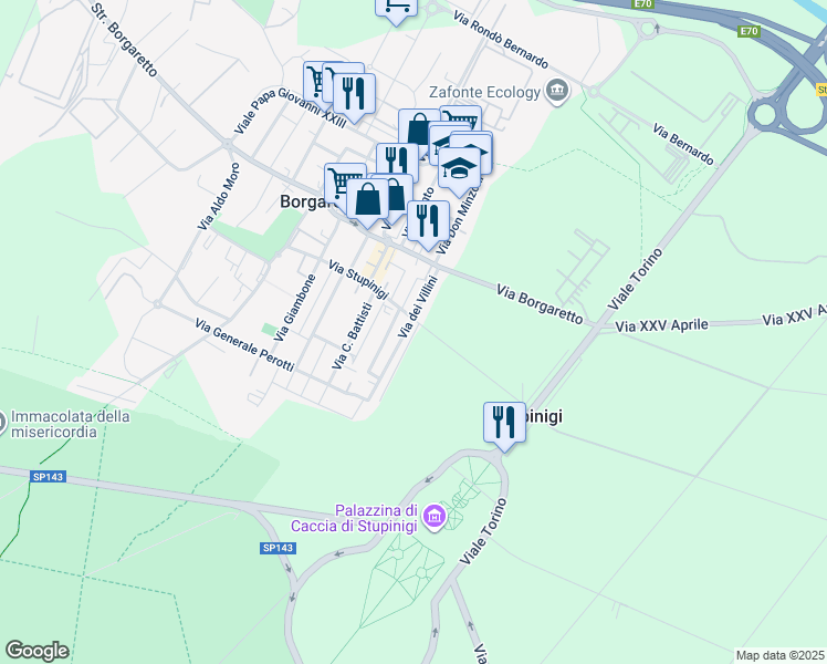 map of restaurants, bars, coffee shops, grocery stores, and more near 9A Via Boito Arrigo in Borgaretto