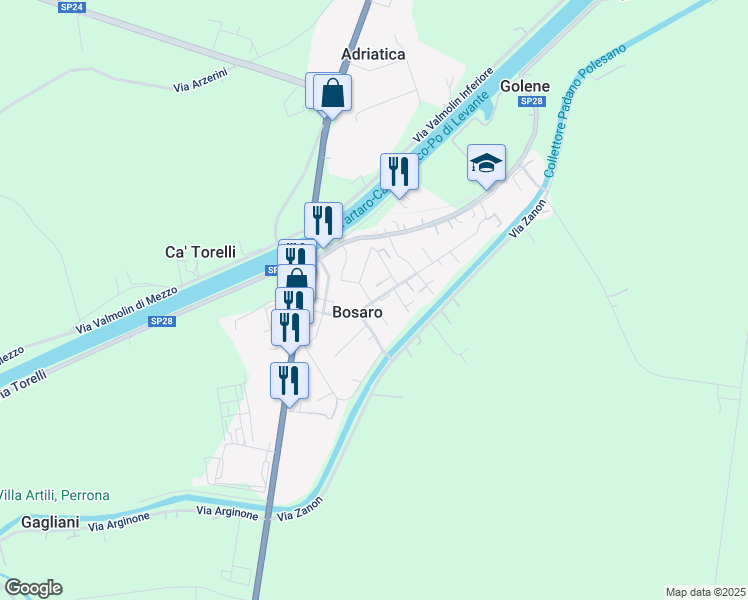 map of restaurants, bars, coffee shops, grocery stores, and more near 104 Via Padre Giuseppe Santi in Bosaro