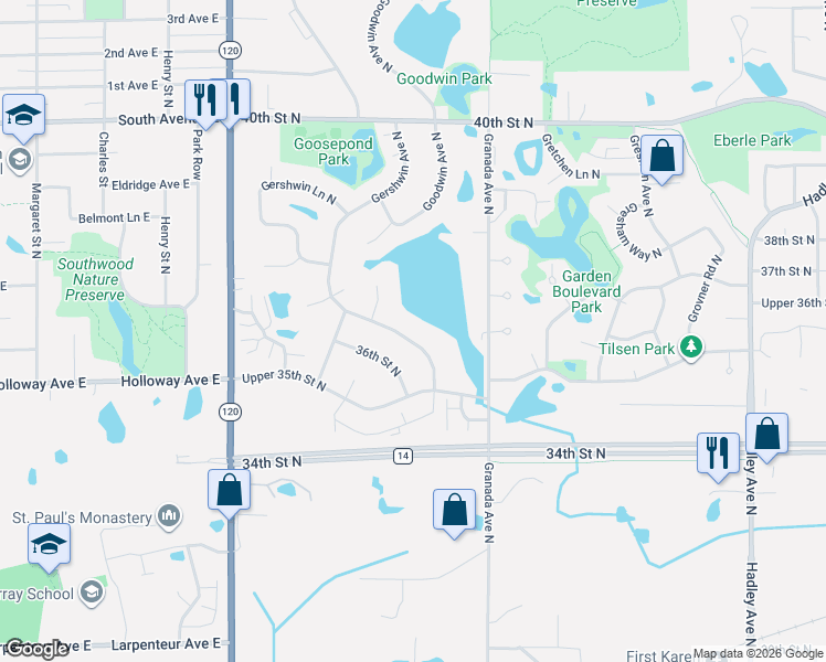 map of restaurants, bars, coffee shops, grocery stores, and more near 3575 Gershwin Avenue North in Oakdale