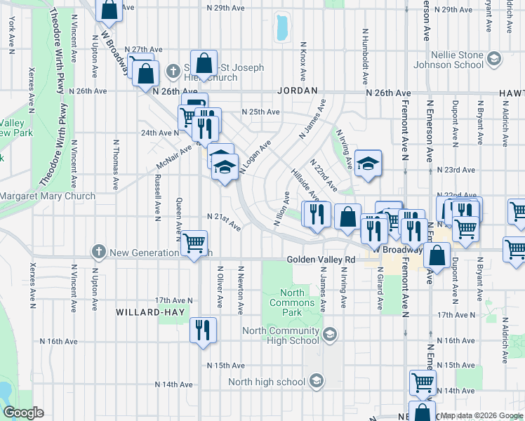 map of restaurants, bars, coffee shops, grocery stores, and more near 2203 North James Avenue in Minneapolis