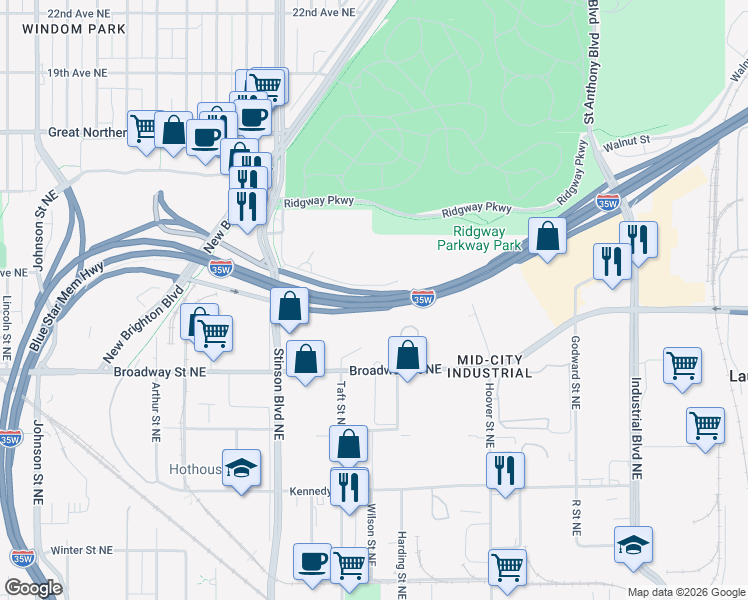 map of restaurants, bars, coffee shops, grocery stores, and more near Interstate 35W in Minneapolis