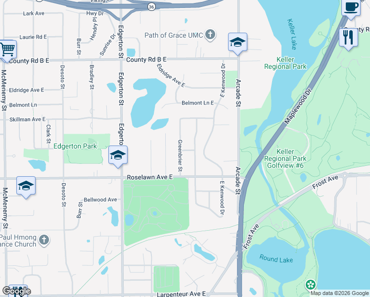 map of restaurants, bars, coffee shops, grocery stores, and more near 1999 Kenwood Drive West in Maplewood