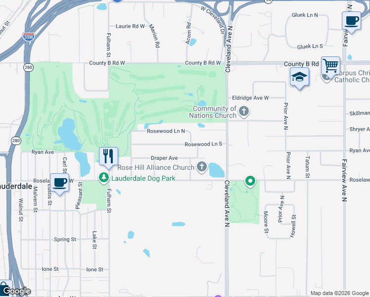map of restaurants, bars, coffee shops, grocery stores, and more near 2141 Rosewood Lane South in Roseville