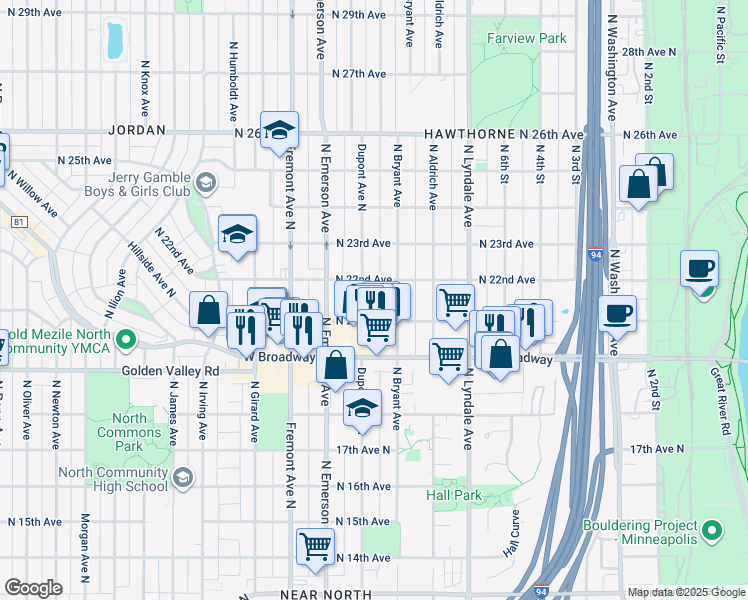 map of restaurants, bars, coffee shops, grocery stores, and more near 2126 Dupont Avenue North in Minneapolis