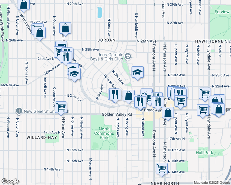map of restaurants, bars, coffee shops, grocery stores, and more near 1607 Hillside Avenue North in Minneapolis