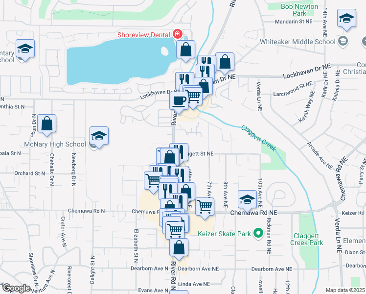 map of restaurants, bars, coffee shops, grocery stores, and more near 5210 River Road North in Keizer