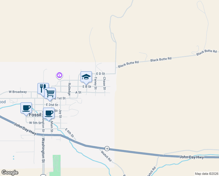map of restaurants, bars, coffee shops, grocery stores, and more near 1225 East B Street in Fossil