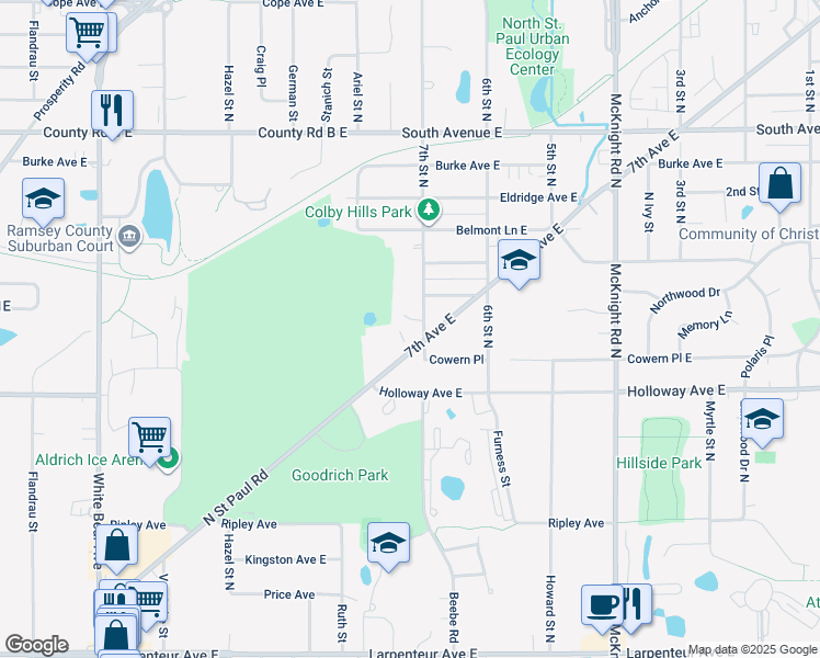 map of restaurants, bars, coffee shops, grocery stores, and more near 2065 7th Avenue in North Saint Paul