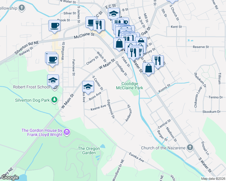map of restaurants, bars, coffee shops, grocery stores, and more near 315 Edgewood Drive in Silverton