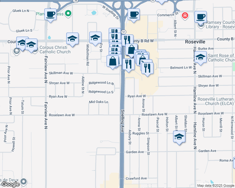 map of restaurants, bars, coffee shops, grocery stores, and more near 2010 North Snelling Drive in Roseville