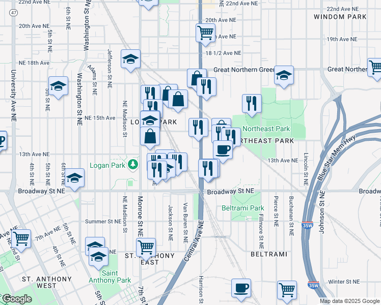 map of restaurants, bars, coffee shops, grocery stores, and more near 1314 Central Avenue Northeast in Minneapolis