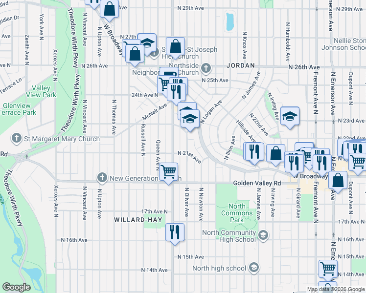map of restaurants, bars, coffee shops, grocery stores, and more near 2207 North Oliver Avenue in Minneapolis