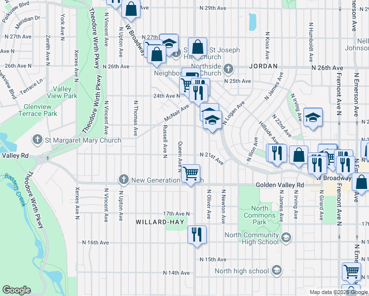 map of restaurants, bars, coffee shops, grocery stores, and more near 2131 North Penn Avenue in Minneapolis