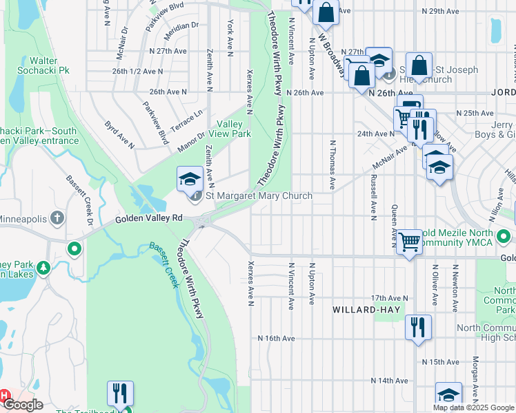 map of restaurants, bars, coffee shops, grocery stores, and more near 2122 Xerxes Avenue North in Minneapolis