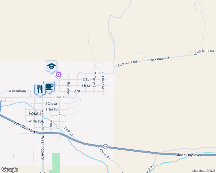 map of restaurants, bars, coffee shops, grocery stores, and more near 1225 East B Street in Fossil
