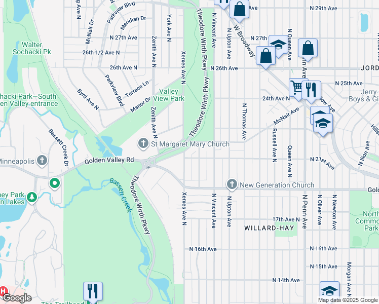 map of restaurants, bars, coffee shops, grocery stores, and more near 2122 Xerxes Avenue North in Minneapolis