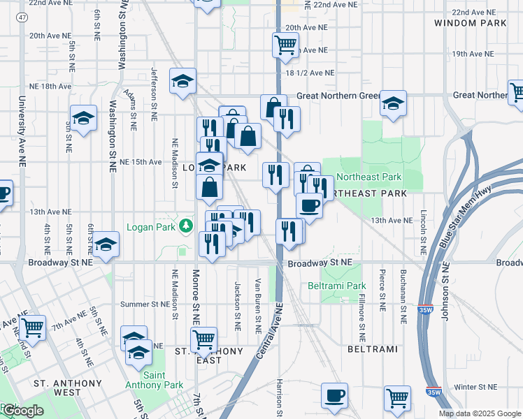 map of restaurants, bars, coffee shops, grocery stores, and more near 1306 Central Avenue Northeast in Minneapolis