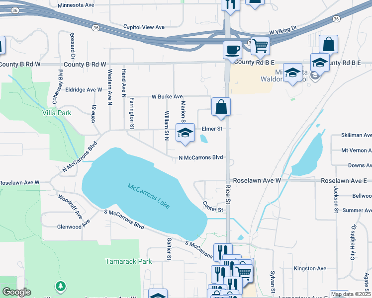 map of restaurants, bars, coffee shops, grocery stores, and more near 211 North McCarrons Boulevard in Roseville