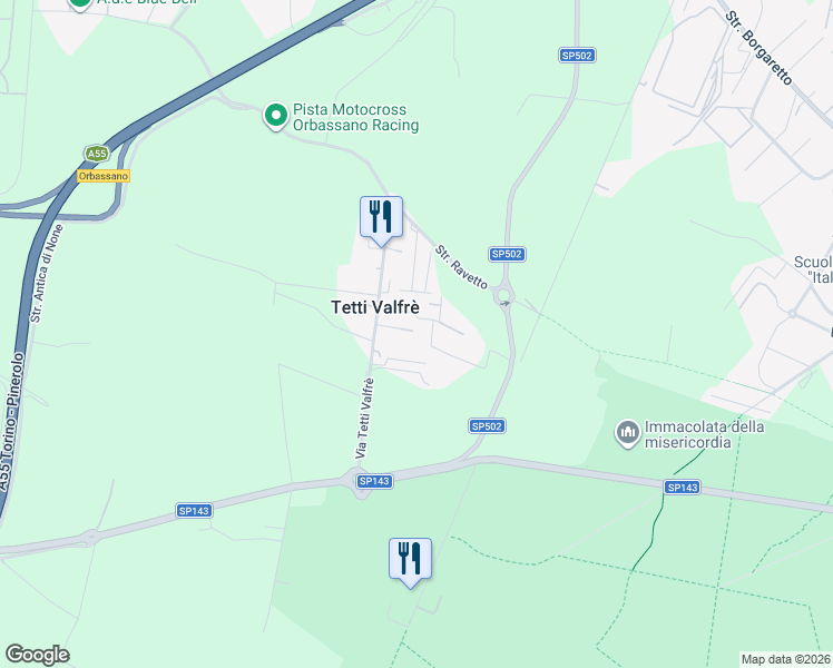 map of restaurants, bars, coffee shops, grocery stores, and more near 4 Via Tetti Valfrè in Orbassano