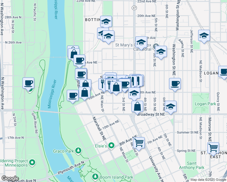 map of restaurants, bars, coffee shops, grocery stores, and more near 1301 Northeast 2nd Street in Minneapolis