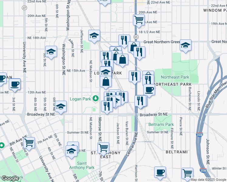 map of restaurants, bars, coffee shops, grocery stores, and more near 1325 Quincy Street Northeast in Minneapolis
