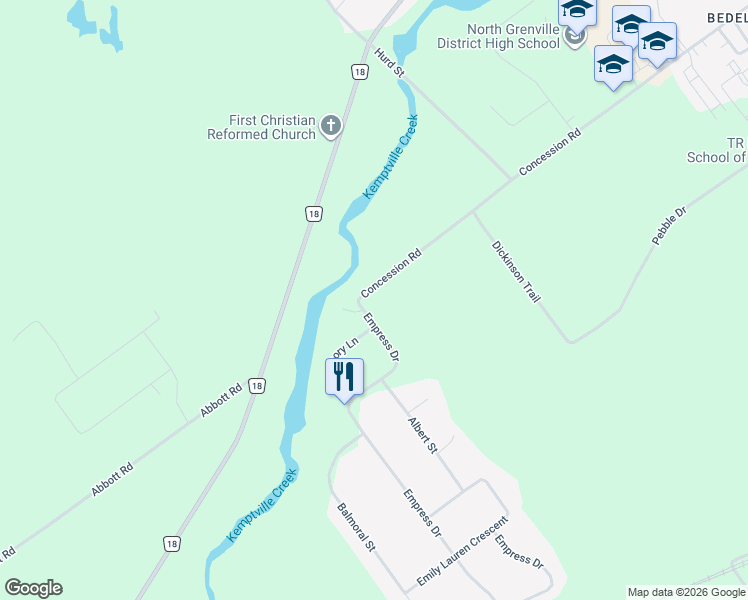 map of restaurants, bars, coffee shops, grocery stores, and more near 2395 Concession Road in Kemptville