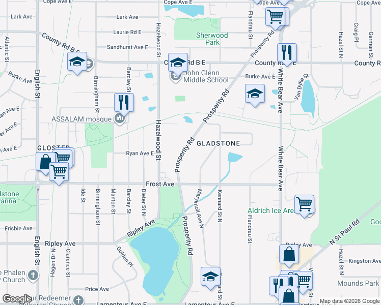 map of restaurants, bars, coffee shops, grocery stores, and more near 1994 Prosperity Road in Saint Paul