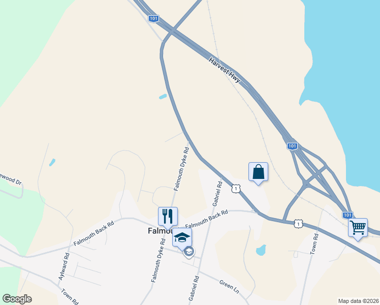 map of restaurants, bars, coffee shops, grocery stores, and more near 15 Falmouth Dyke Road in Falmouth