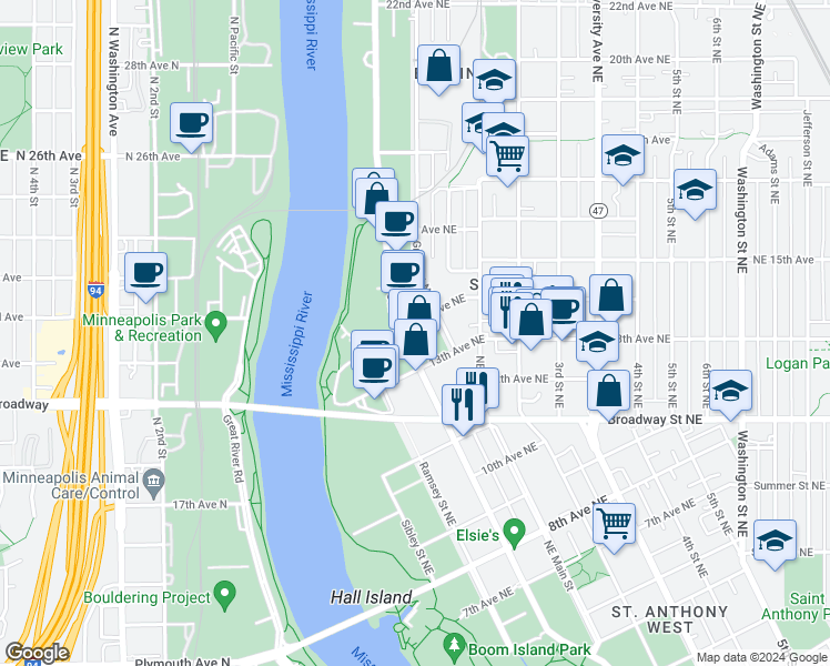 map of restaurants, bars, coffee shops, grocery stores, and more near 116 14th Avenue Northeast in Minneapolis