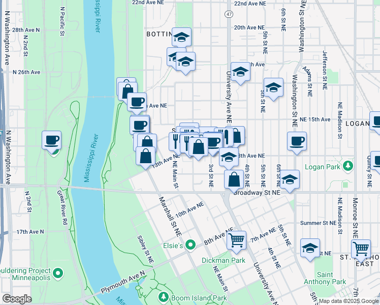 map of restaurants, bars, coffee shops, grocery stores, and more near 157 13th Avenue Northeast in Minneapolis