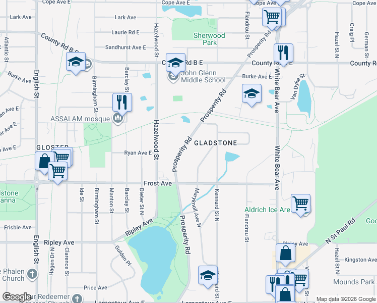 map of restaurants, bars, coffee shops, grocery stores, and more near 1994 Prosperity Road in Saint Paul
